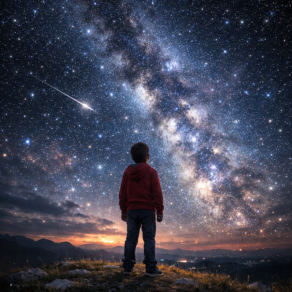 Child in red hoodie standing on rocky hilltop watching the Milky Way and shooting star