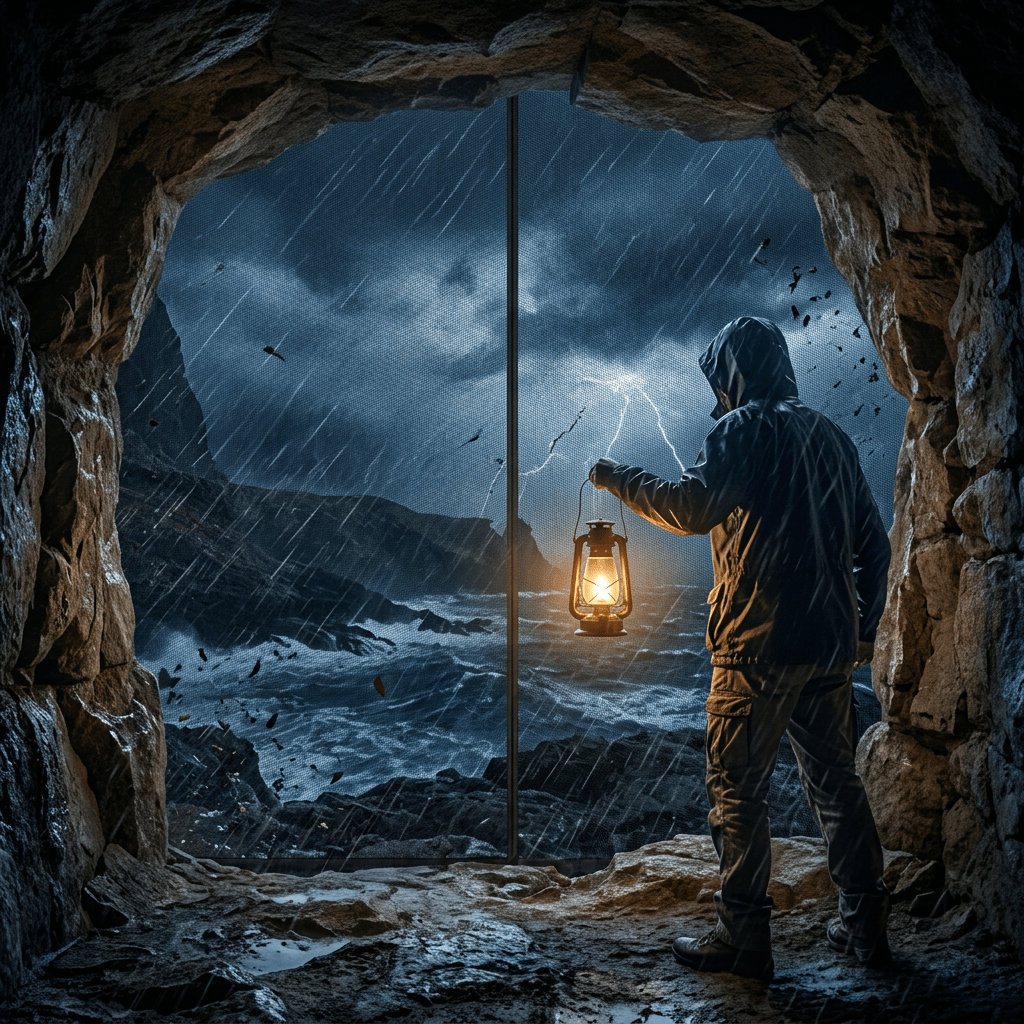Person in hooded jacket holding lantern inside cave looking at stormy sea with lightning